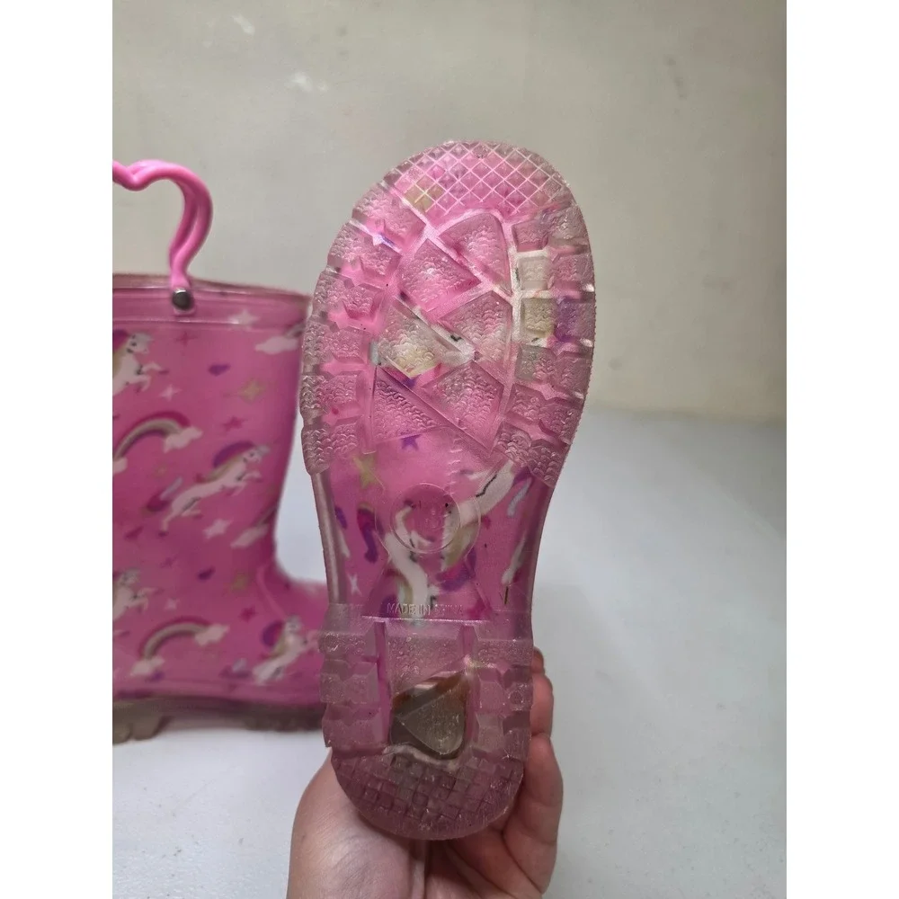 Kids Pink Unicorn Rainbow Light Up Rain Boots Heart Handles Size 13